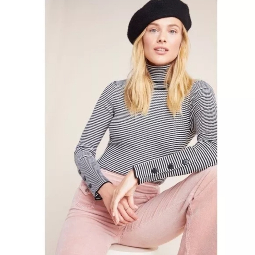 Anthropologie Striped Button Sleeve Turtleneck Sweater Size Large Black White